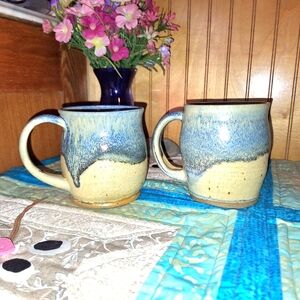 Handcrafted Blue and Creamy Brown Ceramic Mugs, (2), by JC